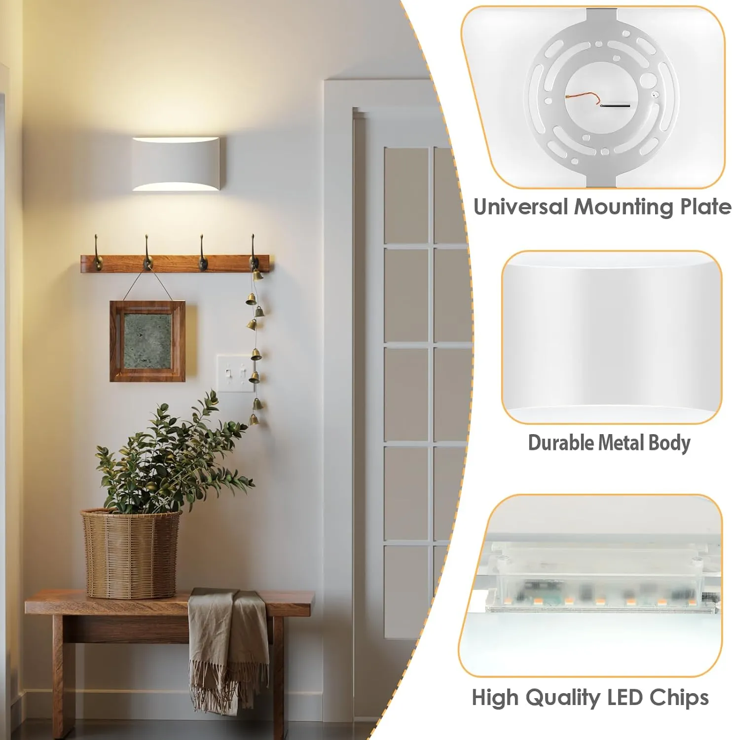 FOLKSMATE Modern LED Wall Sconces Set of 2, 3000K Warm White Up and Down Mount Light, White Hardwired Interior Wall Lights Lamp for Indoor Living Room Bedroom Hallway Basement Stairway