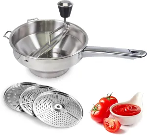 Food Mill Stainless Steel with 3 Grinding Discs, Milling Handle & Stainless Steel Bowl, Food Mill Hand Crank for Purees, Sauce, Mashed Potatoes, Applesauce, Jams, Baby Food, Silver