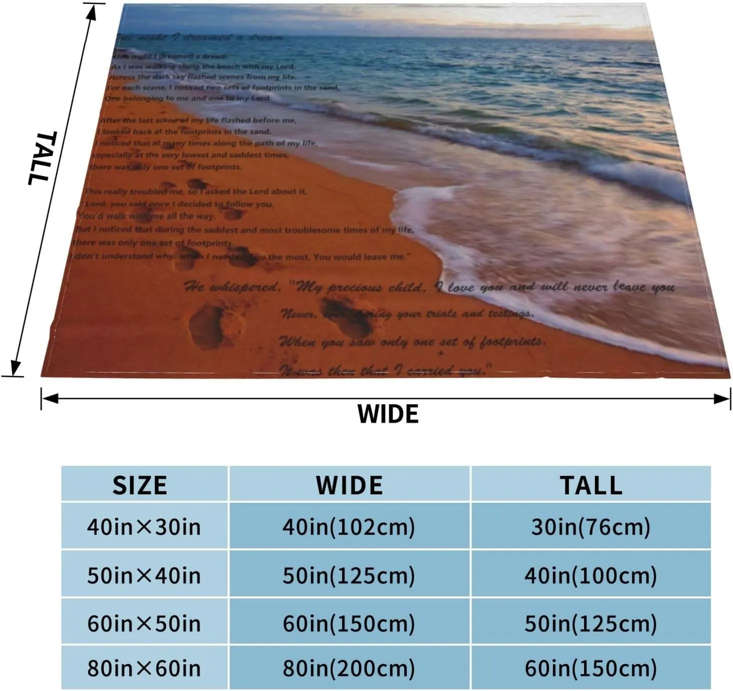 Footprints in The Sand Poem 60"X50" Flannel Blanket - 100% Soft Polyester, Lightweight and Warm, Suitable for Families, Camping, Travel