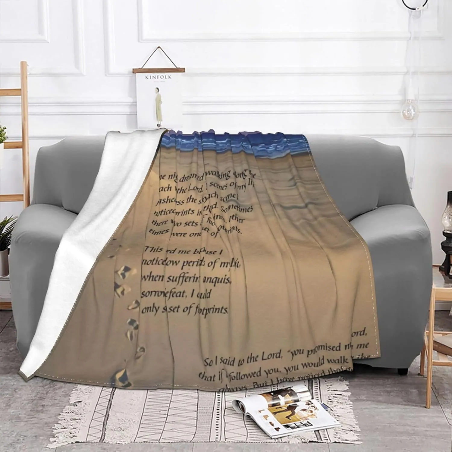 Footprints in The Sand Poem 60"X50" Flannel Blanket - 100% Soft Polyester, Lightweight and Warm, Suitable for Families, Camping, Travel