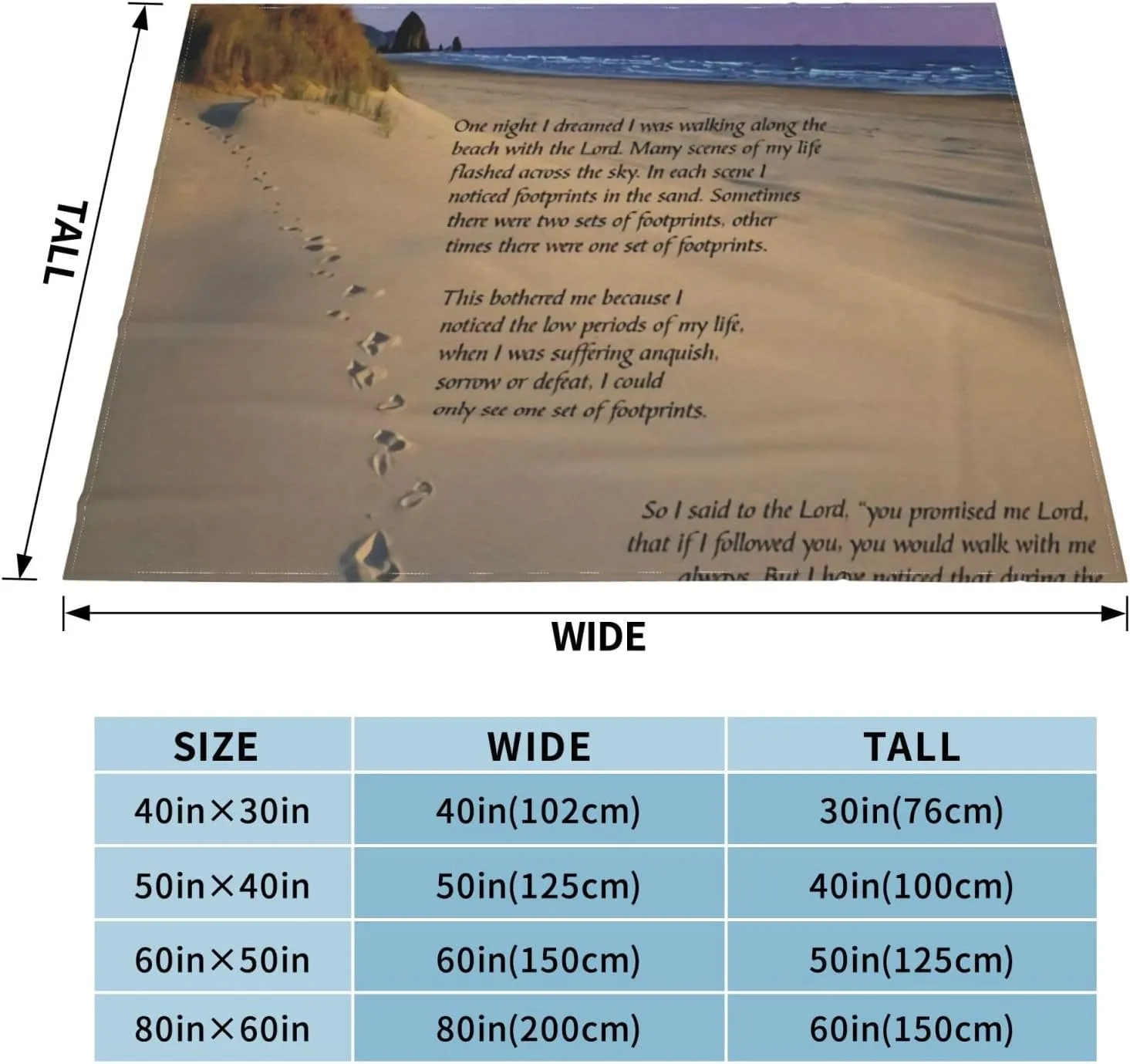 Footprints in The Sand Poem 60"X50" Flannel Blanket - 100% Soft Polyester, Lightweight and Warm, Suitable for Families, Camping, Travel