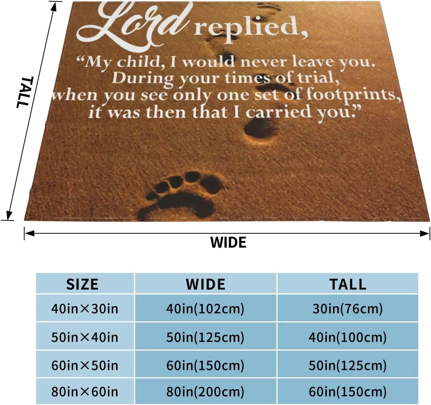 Footprints in The Sand Poem 60"X50" Flannel Blanket - 100% Soft Polyester, Lightweight and Warm, Suitable for Families, Camping, Travel