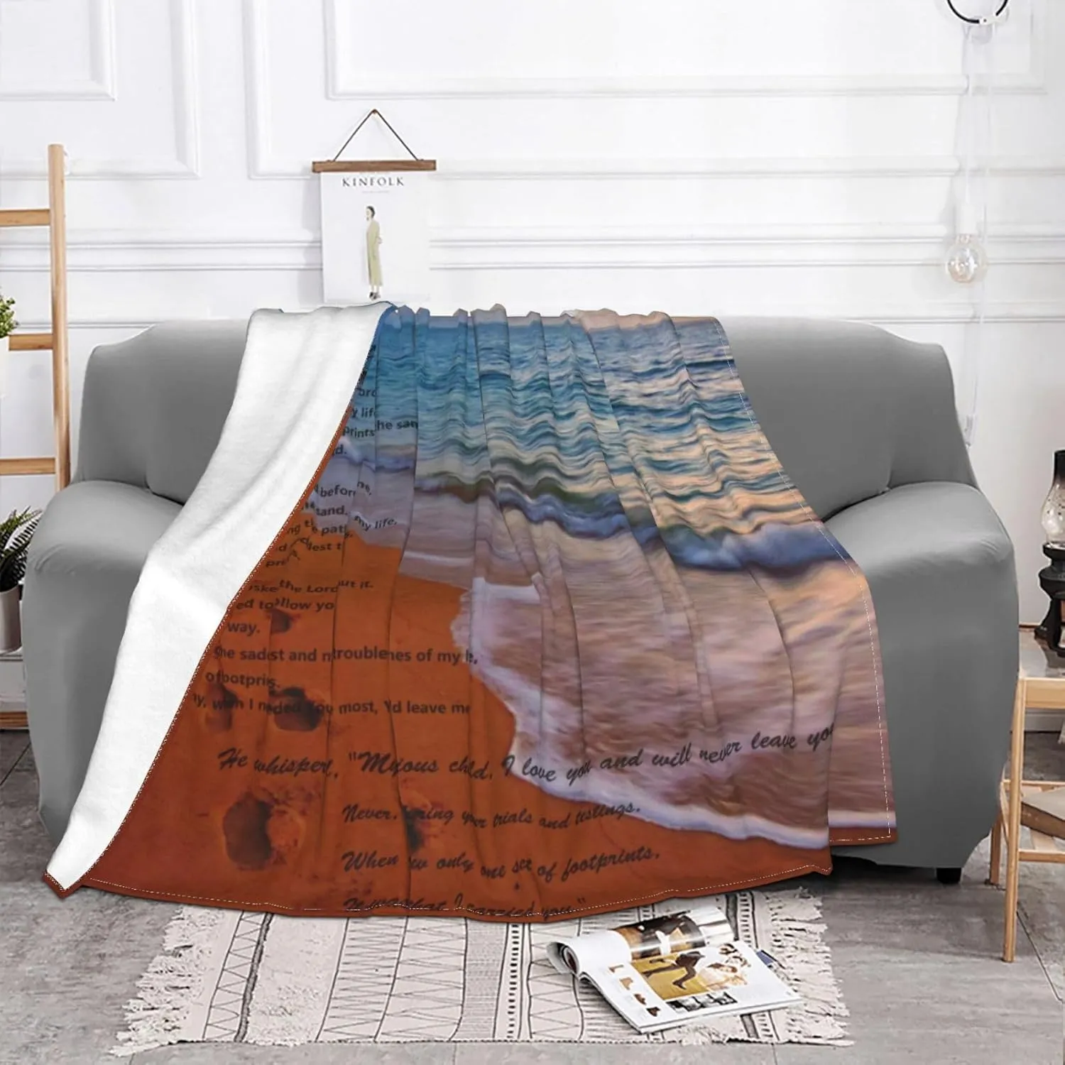 Footprints in The Sand Poem 60"X50" Flannel Blanket - 100% Soft Polyester, Lightweight and Warm, Suitable for Families, Camping, Travel