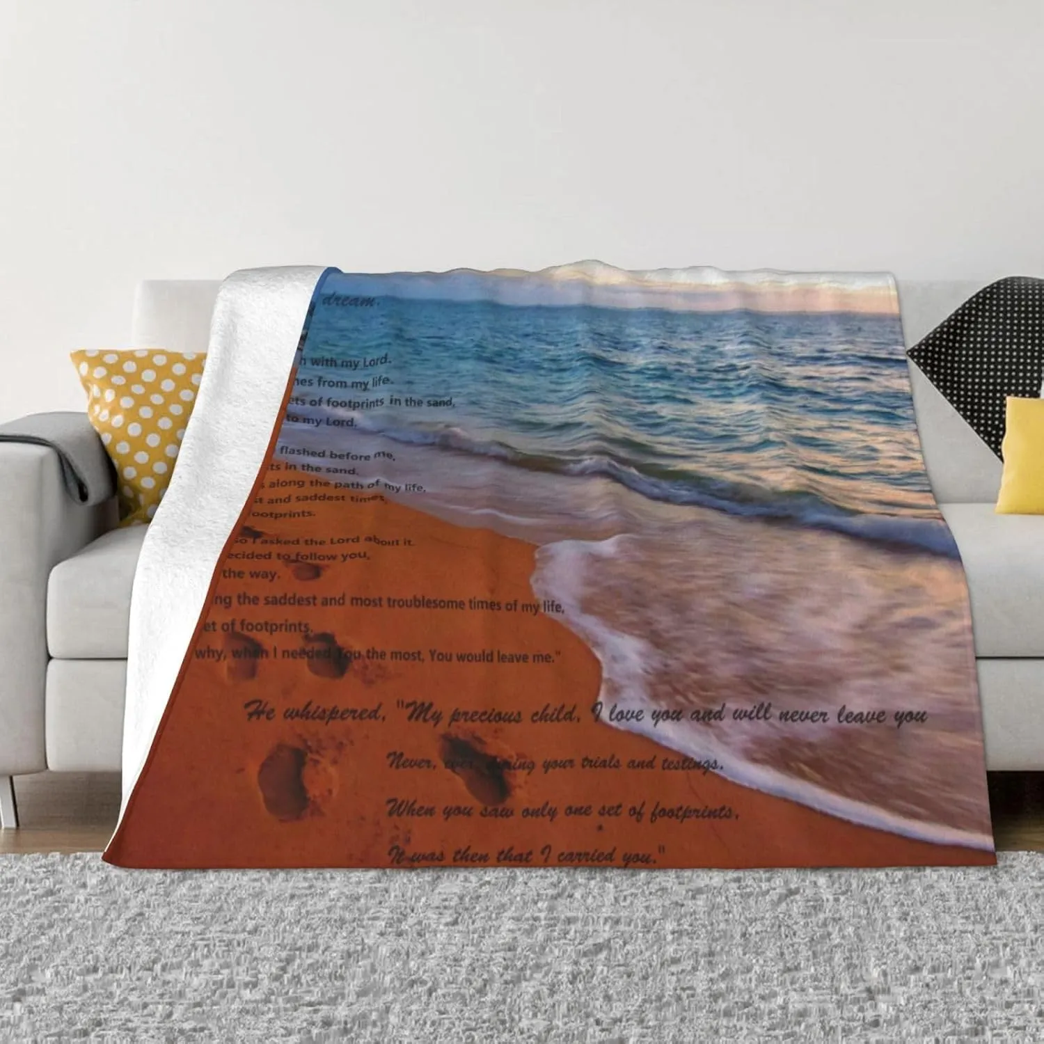 Footprints in The Sand Poem 60"X50" Flannel Blanket - 100% Soft Polyester, Lightweight and Warm, Suitable for Families, Camping, Travel