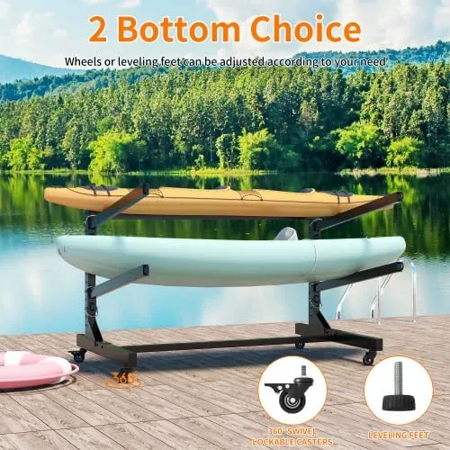 Freestanding Kayak Storage Rack – Holds 2/3/4 Kayaks, Heavy-Duty Adjustable Stand with Lockable Wheels for Kayak, Canoe, SUP & Surfboard