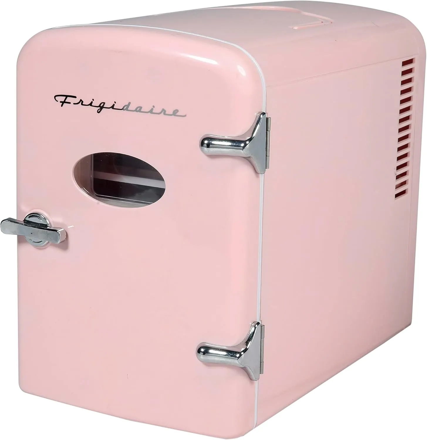 Frigidaire Pink Mini Personal Fridge Cooler, 1 Gal Capacity fits Six Cans, Includes Plugs for Home Outlet & DC Charger - 9.84" D x 7.09" W x 10.35" H