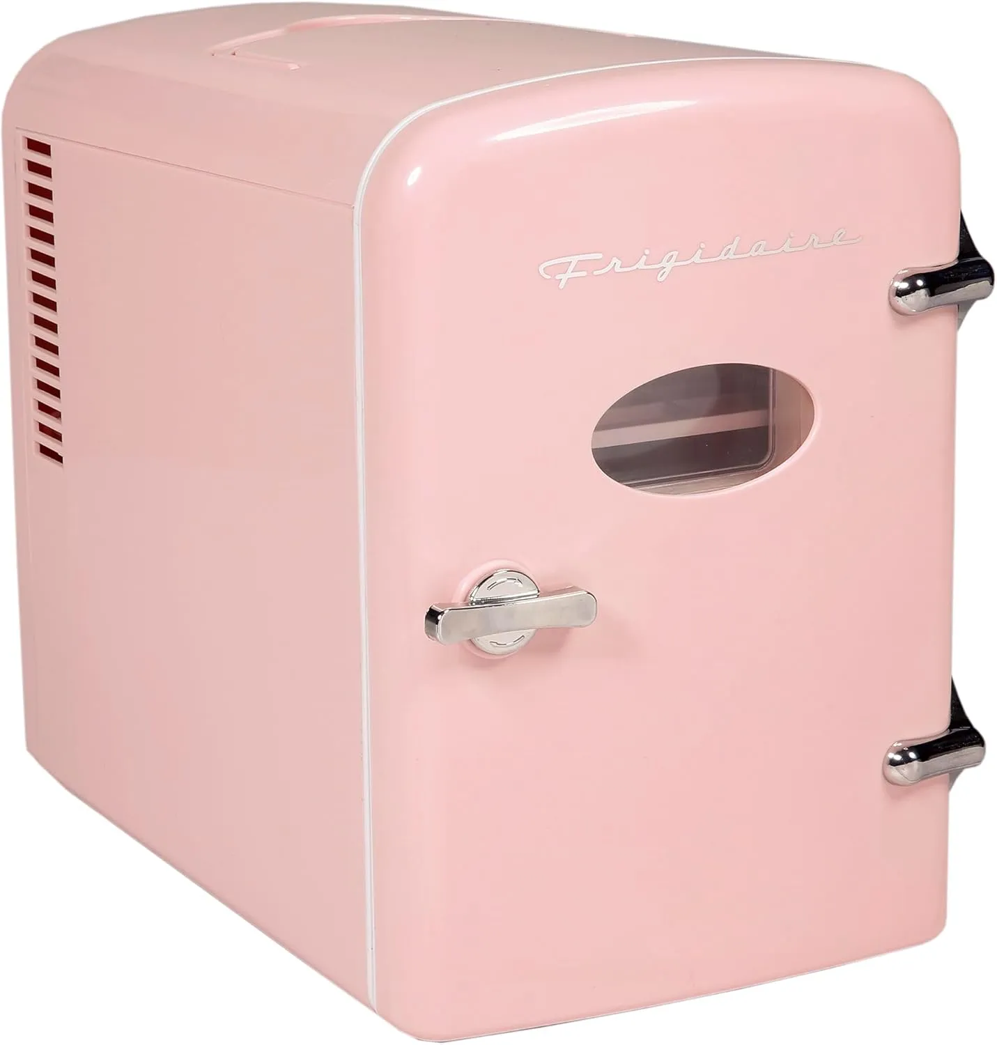 Frigidaire Pink Mini Personal Fridge Cooler, 1 Gal Capacity fits Six Cans, Includes Plugs for Home Outlet & DC Charger - 9.84" D x 7.09" W x 10.35" H