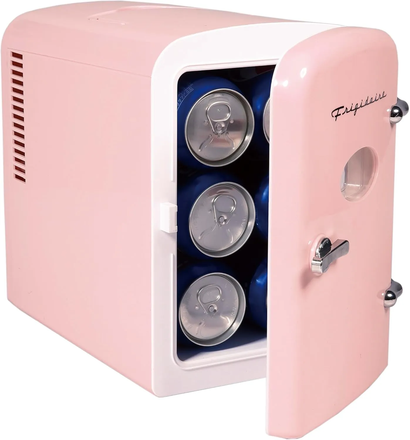 Frigidaire Pink Mini Personal Fridge Cooler, 1 Gal Capacity fits Six Cans, Includes Plugs for Home Outlet & DC Charger - 9.84" D x 7.09" W x 10.35" H