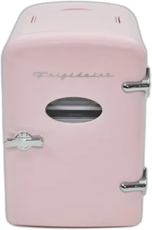 Frigidaire Pink Mini Personal Fridge Cooler, 1 Gal Capacity fits Six Cans, Includes Plugs for Home Outlet & DC Charger - 9.84" D x 7.09" W x 10.35" H