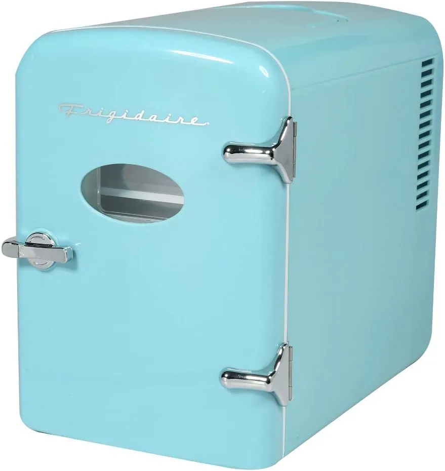 Frigidaire Retro Mini Personal Fridge Cooler, Holds up to 9 Cans, Portable for Car, Office, Bedroom, Dorm Room, or Cabin, Includes 110V AC and 12V DC cords - 11.8"D x 7.1"W x 10.1"H, Blue