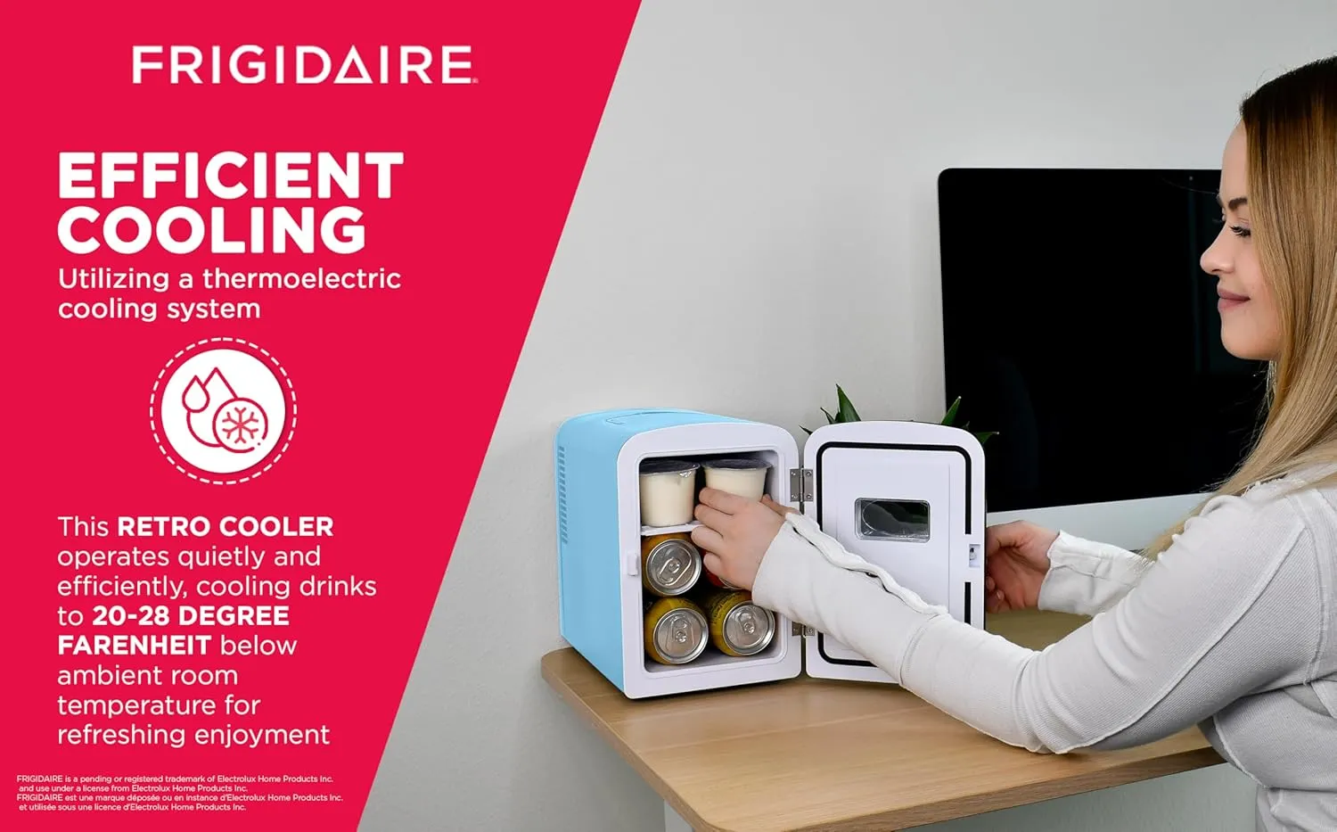 Frigidaire Retro Mini Personal Fridge Cooler, Holds up to 9 Cans, Portable for Car, Office, Bedroom, Dorm Room, or Cabin, Includes 110V AC and 12V DC cords - 11.8"D x 7.1"W x 10.1"H, Blue