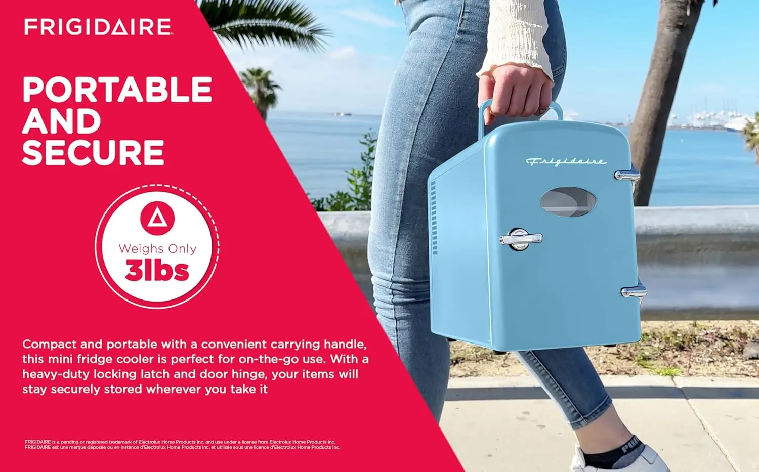 Frigidaire Retro Mini Personal Fridge Cooler, Holds up to 9 Cans, Portable for Car, Office, Bedroom, Dorm Room, or Cabin, Includes 110V AC and 12V DC cords - 11.8"D x 7.1"W x 10.1"H, Blue