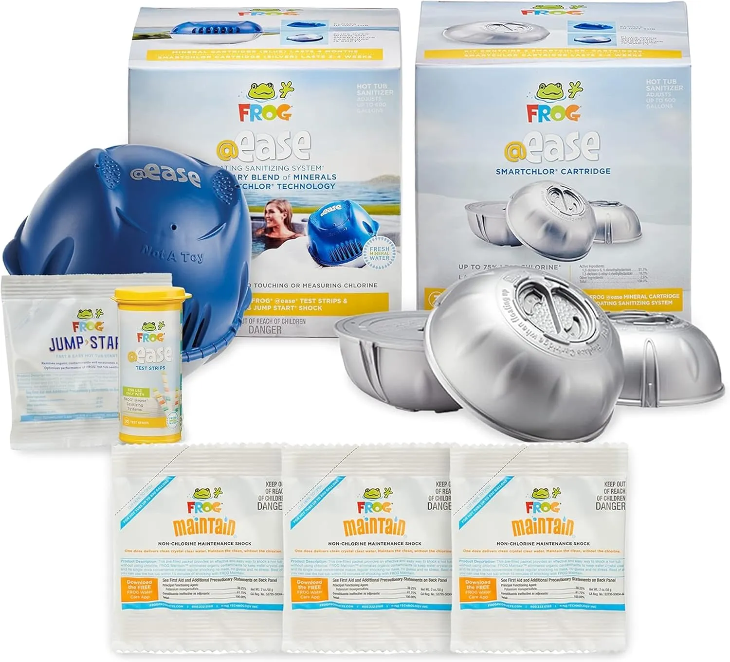 FROG @Ease Floating System for Hot Tubs with 3 Replacement @Ease SmartChlor Cartridges & 3 Pack of FROG Maintain - Hot Tub Maintenance System with Sanitizing Minerals & SmartChlor Technology
