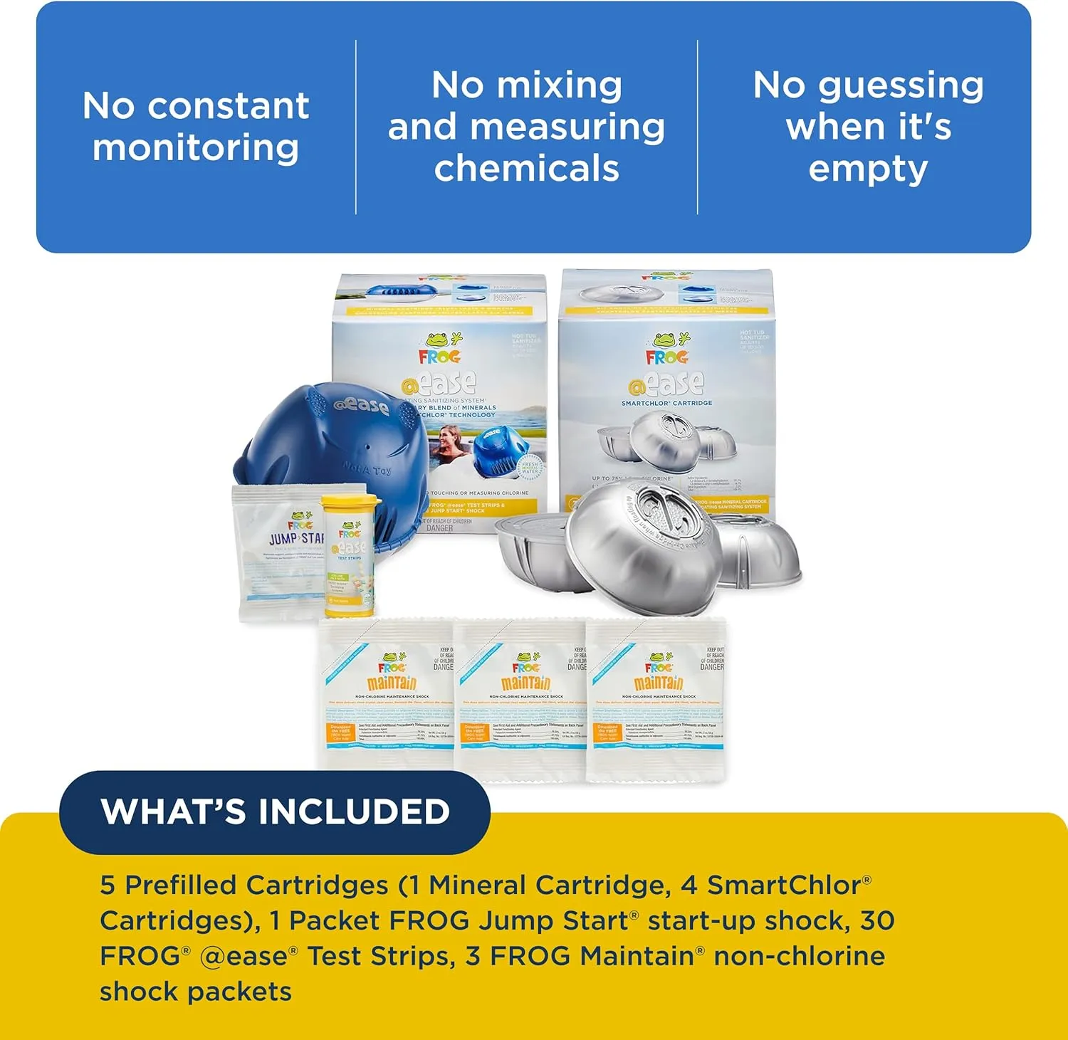 FROG @Ease Floating System for Hot Tubs with 3 Replacement @Ease SmartChlor Cartridges & 3 Pack of FROG Maintain - Hot Tub Maintenance System with Sanitizing Minerals & SmartChlor Technology