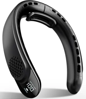 FrSara Portable Neck Fan Rechargeable, Neck Fans that Blow Cold Air, Personal Neck Cooler with 4000mAh, LED Display, 3 Speeds, USB TYPE-C, Ideal Gift for Women, Travel, Men, Sports, Dark Black