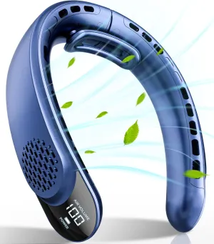 FrSara Portable Neck Fan Rechargeable, Neck Fans that Blow Cold Air, Personal Neck Cooler with 4000mAh, LED Display, 3 Speeds, USB TYPE-C, Ideal Gift for Women, Travel, Men, Sports, Denim