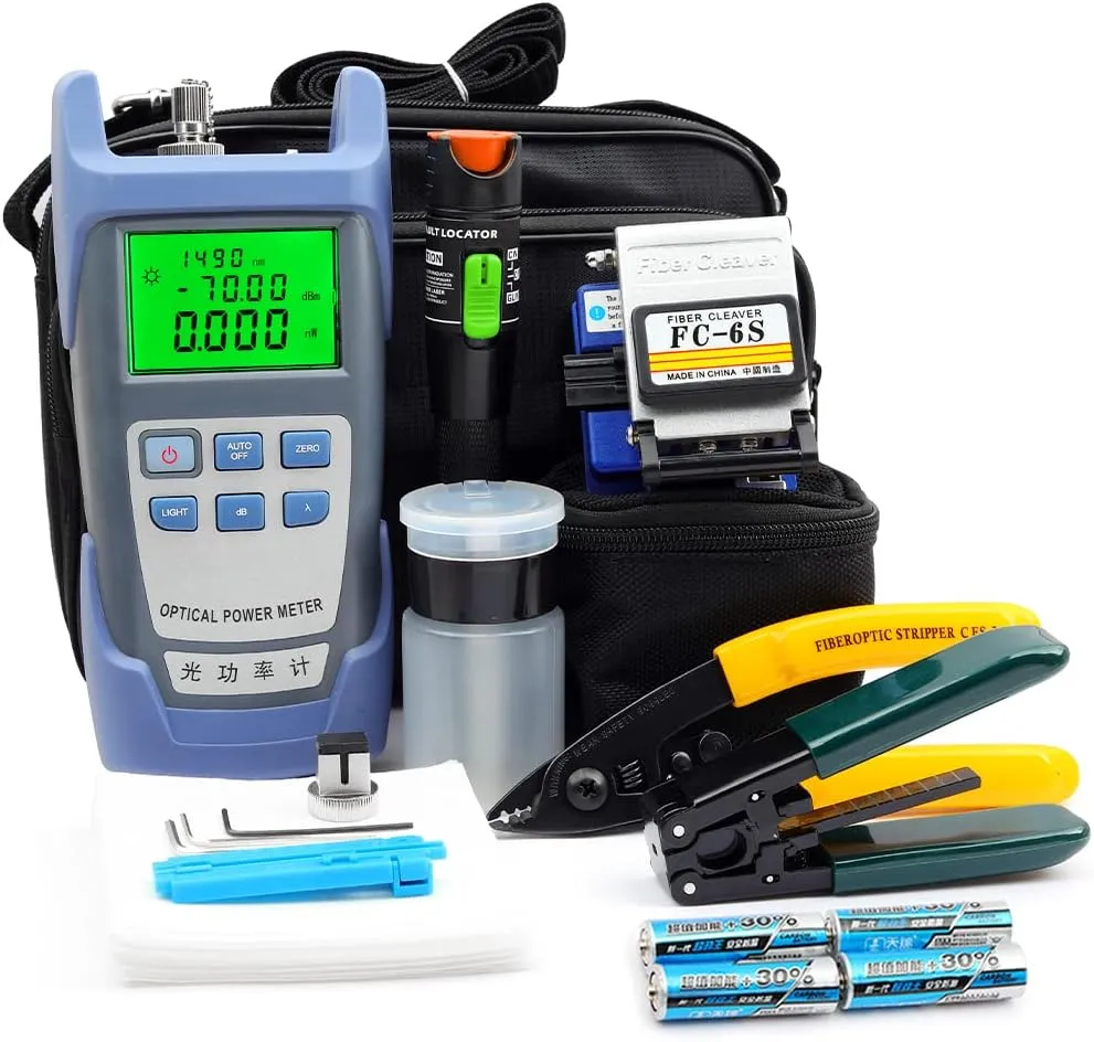 FTTH Fiber Optic Cold Connection Assembly Termination Tools Kit Bag with Cable Tester Stripper Tool Visual Fault Locator FC-6S Fiber Cleaver SC FC Connector Optical Power Meter FinderDust Free Paper