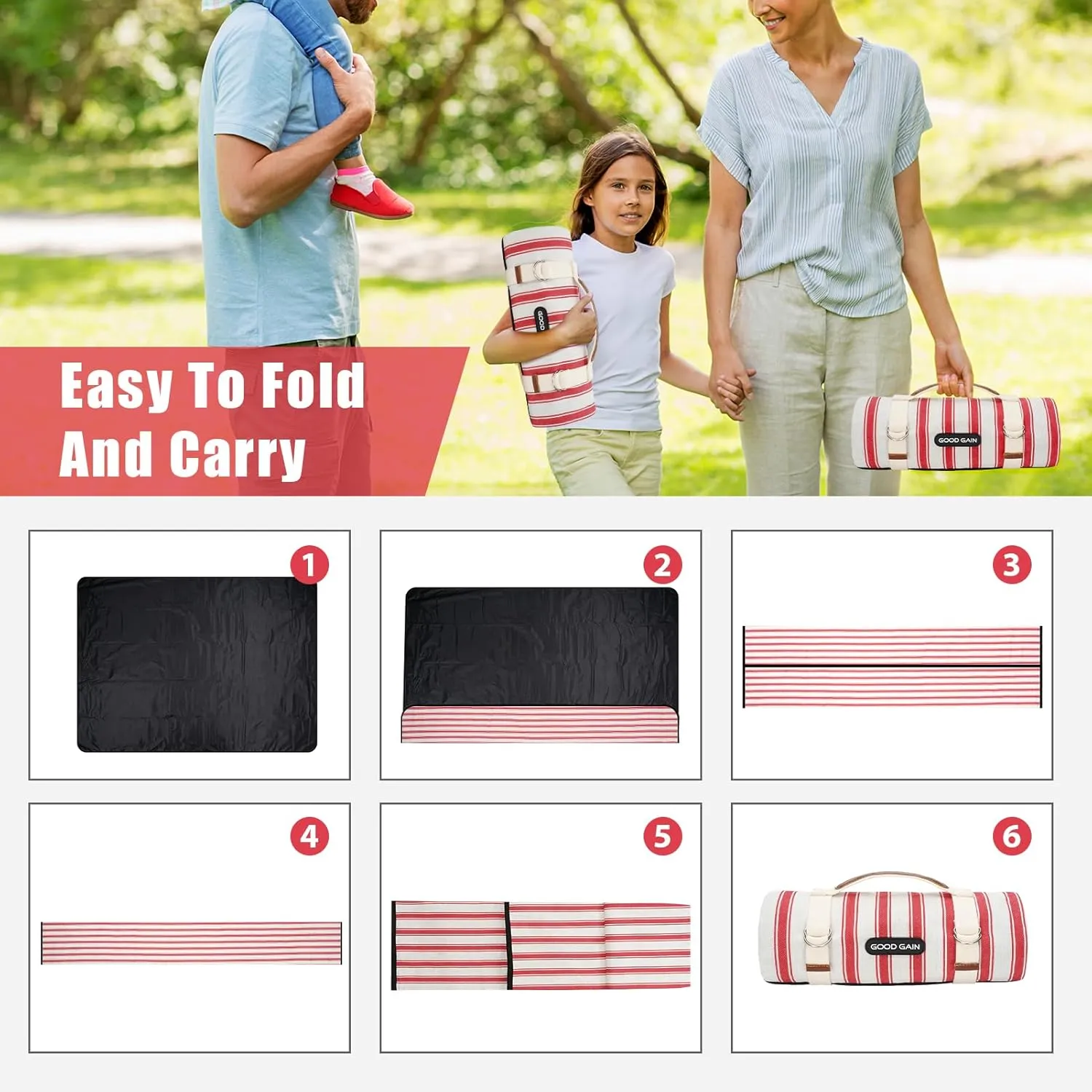 G GOOD GAIN Picnic Blankets Waterproof - Extra Large Outdoor Blanket Sand Free Foldable with Carry Strap for Beach, Camping, Park Grass, Hiking, Travel, Concerts, Indoor(Apple)