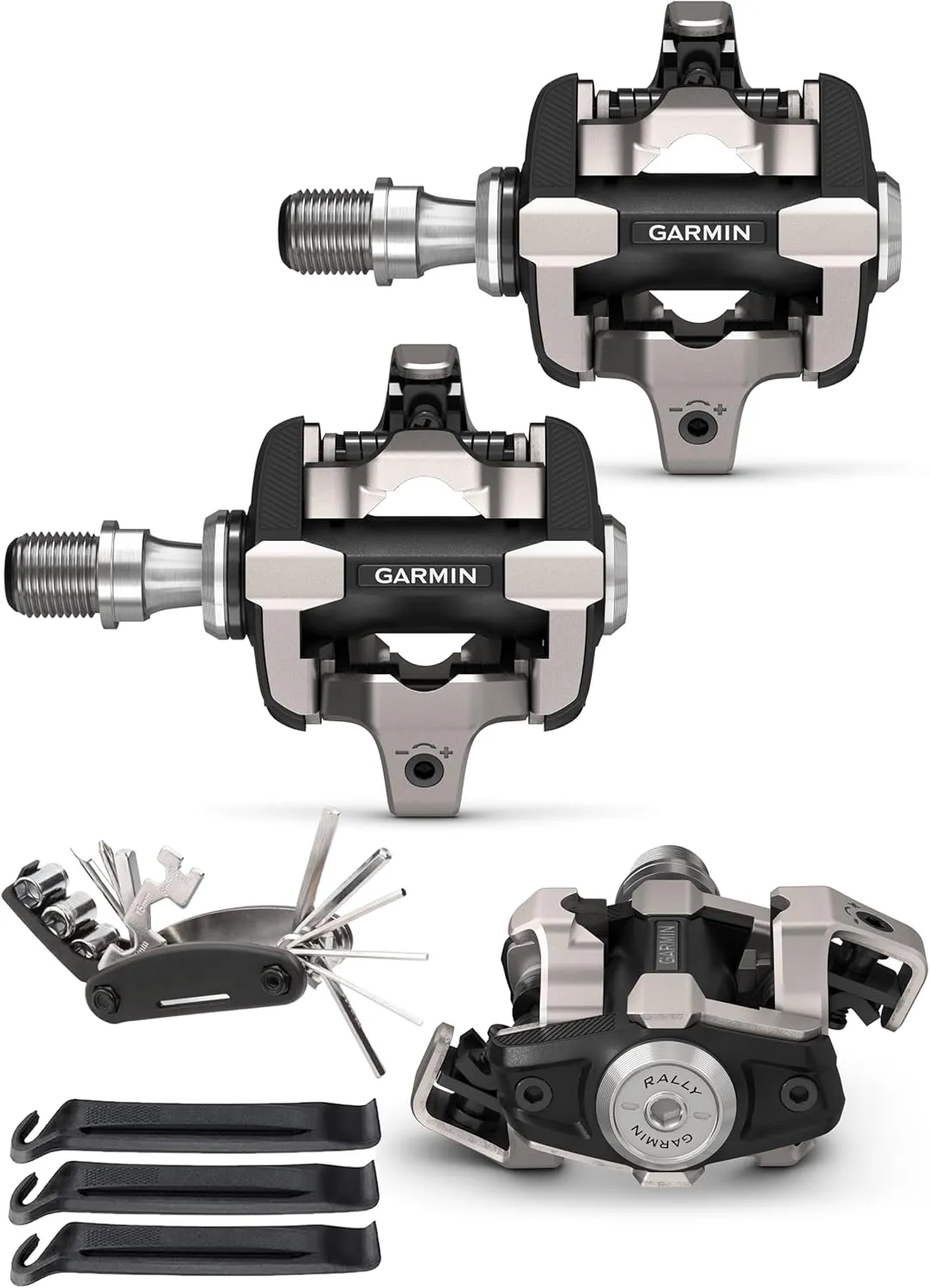 Garmin Rally XC100 Single-Side Power Meter Bike Pedals Bundle with Compact Bike Tool for Repair - Shimano SPD Cleats - Total Power & Cadence - 010-02388-05