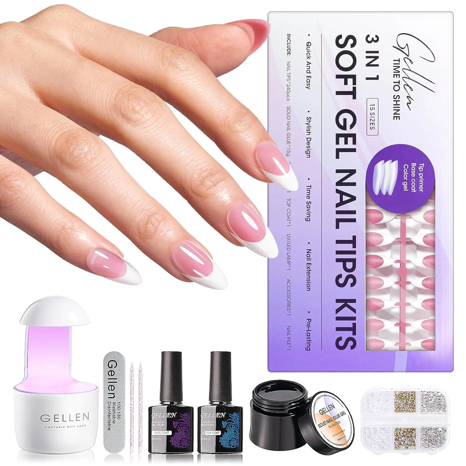 Gellen French Tips Gel Nail Kit - 240 Pcs Pink Almond, Salon Acrylic Fake Nail Kits Including Gel Top Coat and Base Coat, UV Lamp, Solid Nail Glue Gel, Nail Charms for DIY Manicure