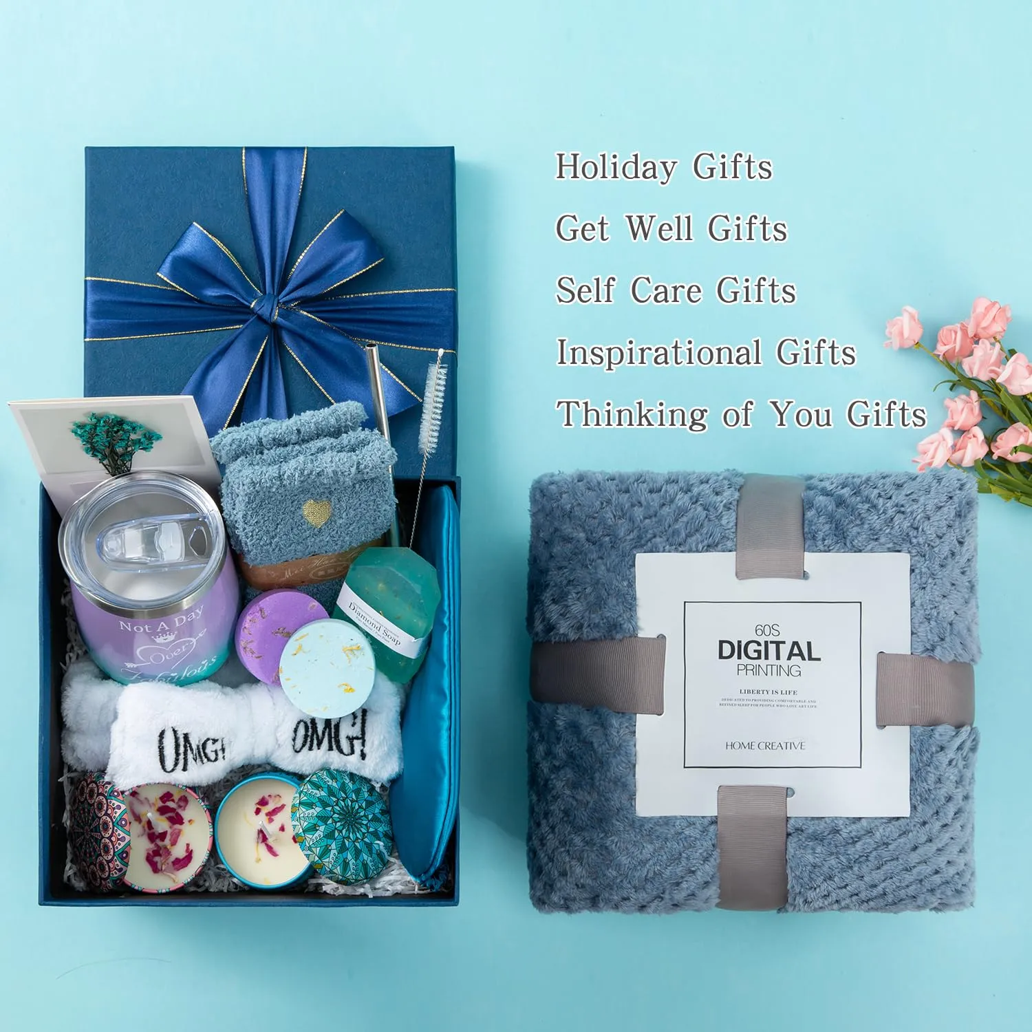 Gifts Basket for Women,Birthday Gifts for Women Birthday Presents Friendship Gifts Get Well Soon Gifts Self Care Package Gifts Blue Gift Box Relaxing Set Unique Gifts with Blanket for Mom,Wife,Sister