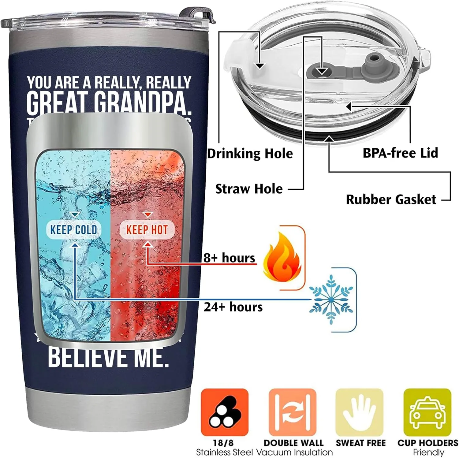 Gifts for Grandpa from Grandaughter, Grandson, Kids on Fathers Day, Christmas, Birthday - Present for Father - Grandpa Tumbler 20oz, Navy Insulated Stainless Steel, Perfect for Travel, Work, or Home