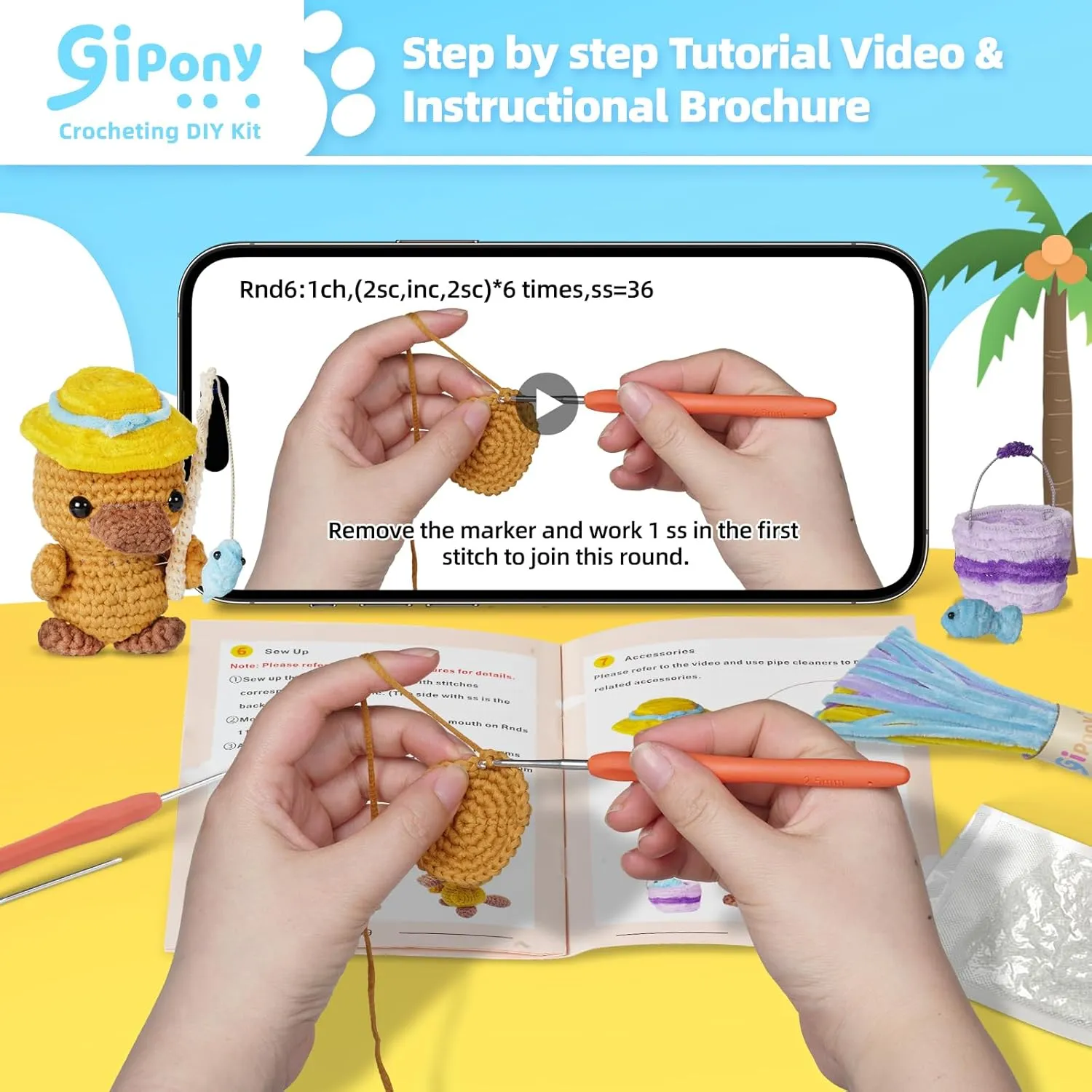 Gipony Crochet Kit for Beginners Animal,Crochet Animal Kits,Crocheting Kit for Starters,Learn to Crochet with Step-by-Step Video Tutorials,Beginner Crochet Kits for Adults(Platypus)