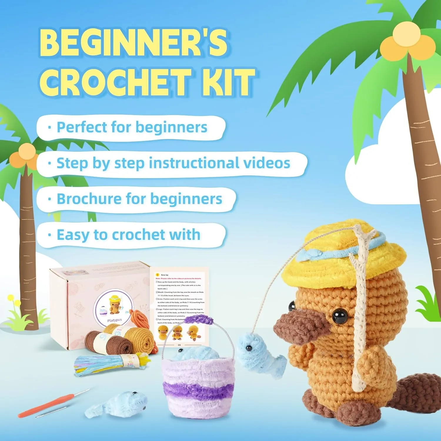 Gipony Crochet Kit for Beginners Animal,Crochet Animal Kits,Crocheting Kit for Starters,Learn to Crochet with Step-by-Step Video Tutorials,Beginner Crochet Kits for Adults(Platypus)