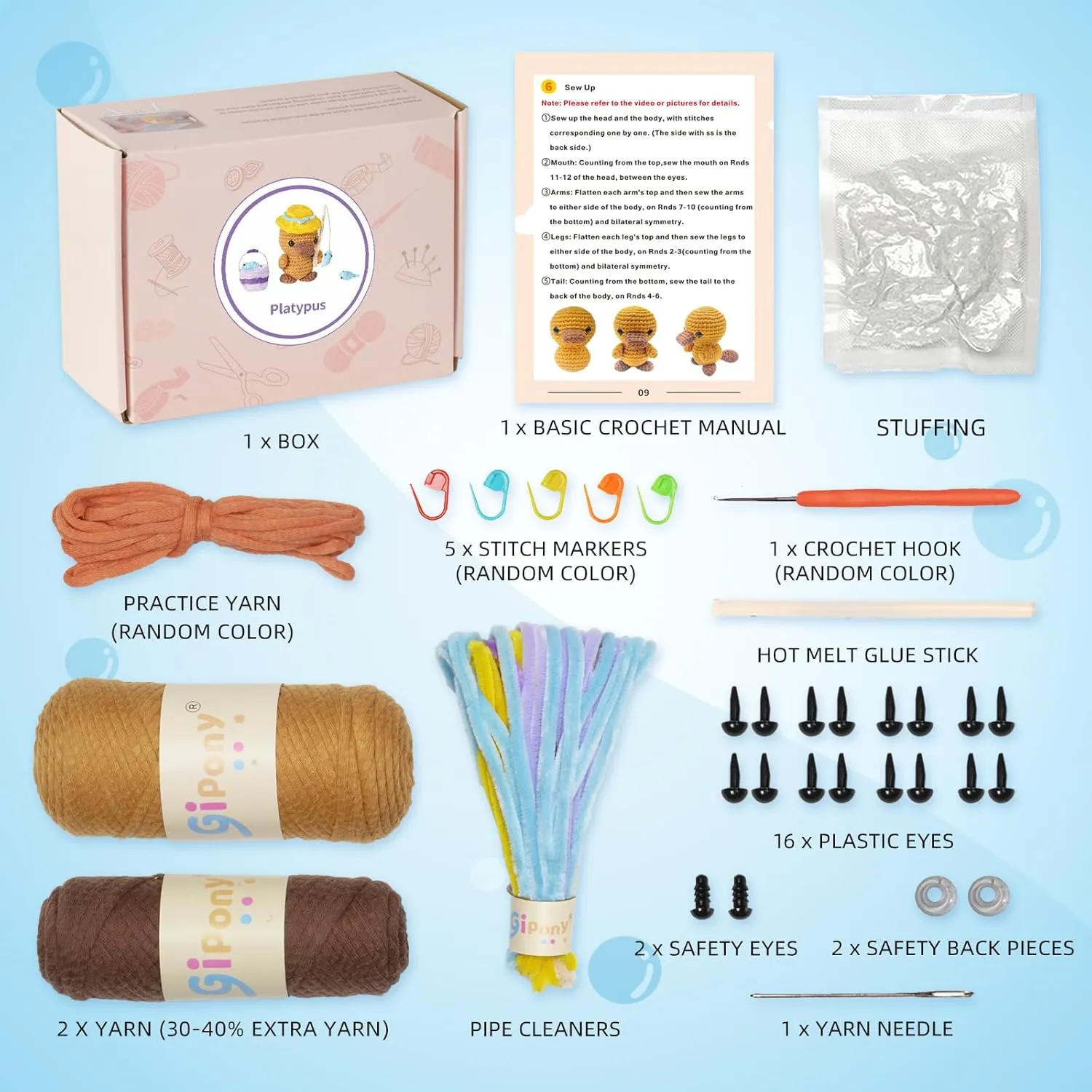 Gipony Crochet Kit for Beginners Animal,Crochet Animal Kits,Crocheting Kit for Starters,Learn to Crochet with Step-by-Step Video Tutorials,Beginner Crochet Kits for Adults(Platypus)