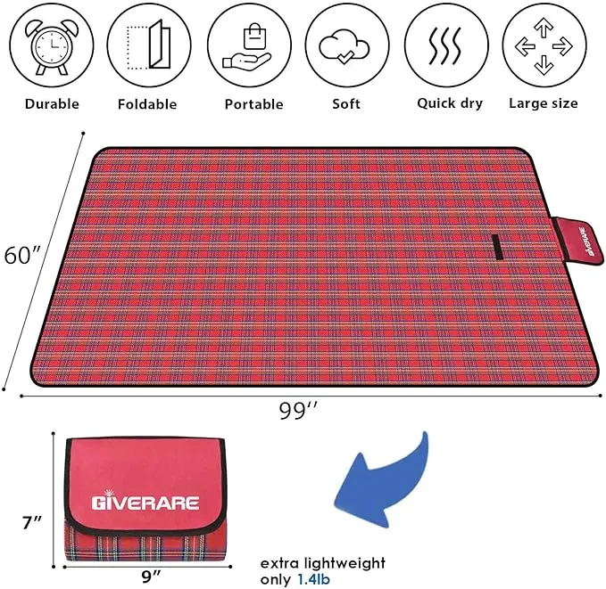GIVERARE Picnic Beach Blanket, 99x60in XL Sandfree Waterproof Outdoor Camping Blankets, Quick Drying Family Mat, Portable Extra Large Mats for Travel, Hiking, Music Festival, Lawn
