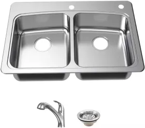 Glacier Bay All-in-One Drop-in Stainless Steel 33 in. 2-Hole 50/50 Double Bowl Kitchen Sink with Pull-Out Faucet