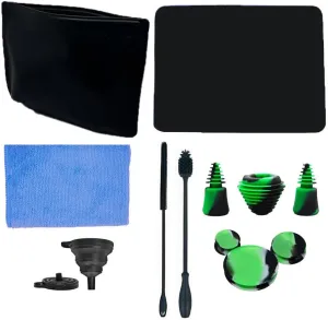 Glass Cleaning Kit - Reusable Silicone Accessories - Complete Kit to Clean your Piece, Just Add Cleaner - Reusable Soaker Bag, Brushes, Mat, Caps, Plugs, Funnel And Microfiber Towel