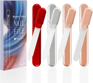 Glass Nail Files, 4Pcs Glass Nail Files for Natural Nails with Case, 3 Pack Double Sided Etched Crystal Nail Files and 1 Nail Buffer, Finger Nail Files Manicure Pedicure for Women