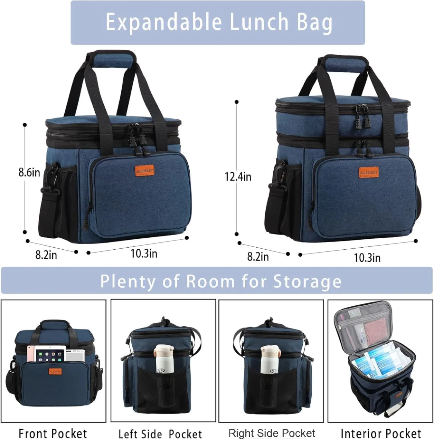 GLENKEY Expandable Large Lunch Box, Insulated Heavy Duty Lunch Bag Waterproof Leakproof Durable Cooler Bag for Men Women Adults Work Construction Camping Trip, 16L, Blue