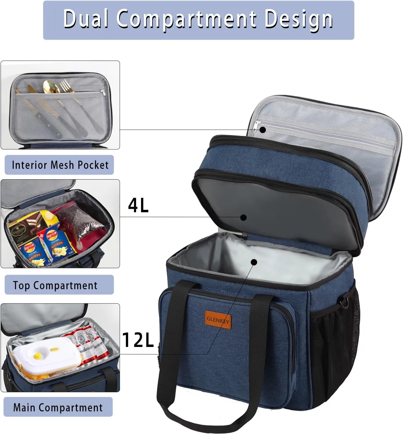 GLENKEY Expandable Large Lunch Box, Insulated Heavy Duty Lunch Bag Waterproof Leakproof Durable Cooler Bag for Men Women Adults Work Construction Camping Trip, 16L, Blue
