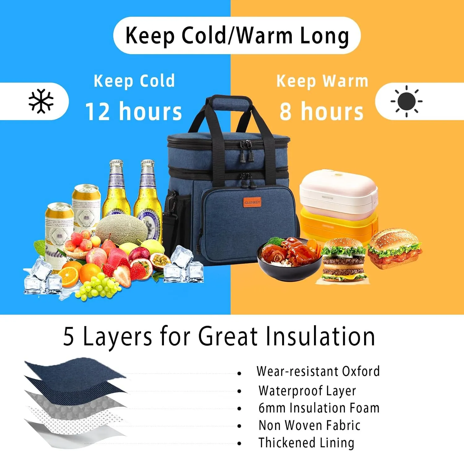 GLENKEY Expandable Large Lunch Box, Insulated Heavy Duty Lunch Bag Waterproof Leakproof Durable Cooler Bag for Men Women Adults Work Construction Camping Trip, 16L, Blue