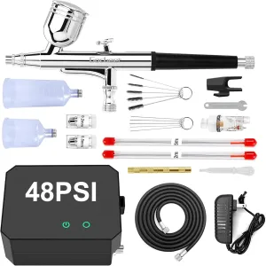 Gocheer Airbrush Kit with Air Compressor, 48 PSI High Pressure Air Brush Non-Clogging with 0.2/0.3/0.5mm Nozzle/Cleaning Sets, Ideal for Painting, Modeling, Cake Decor, Pastry, Makeup, Nail Art Black.