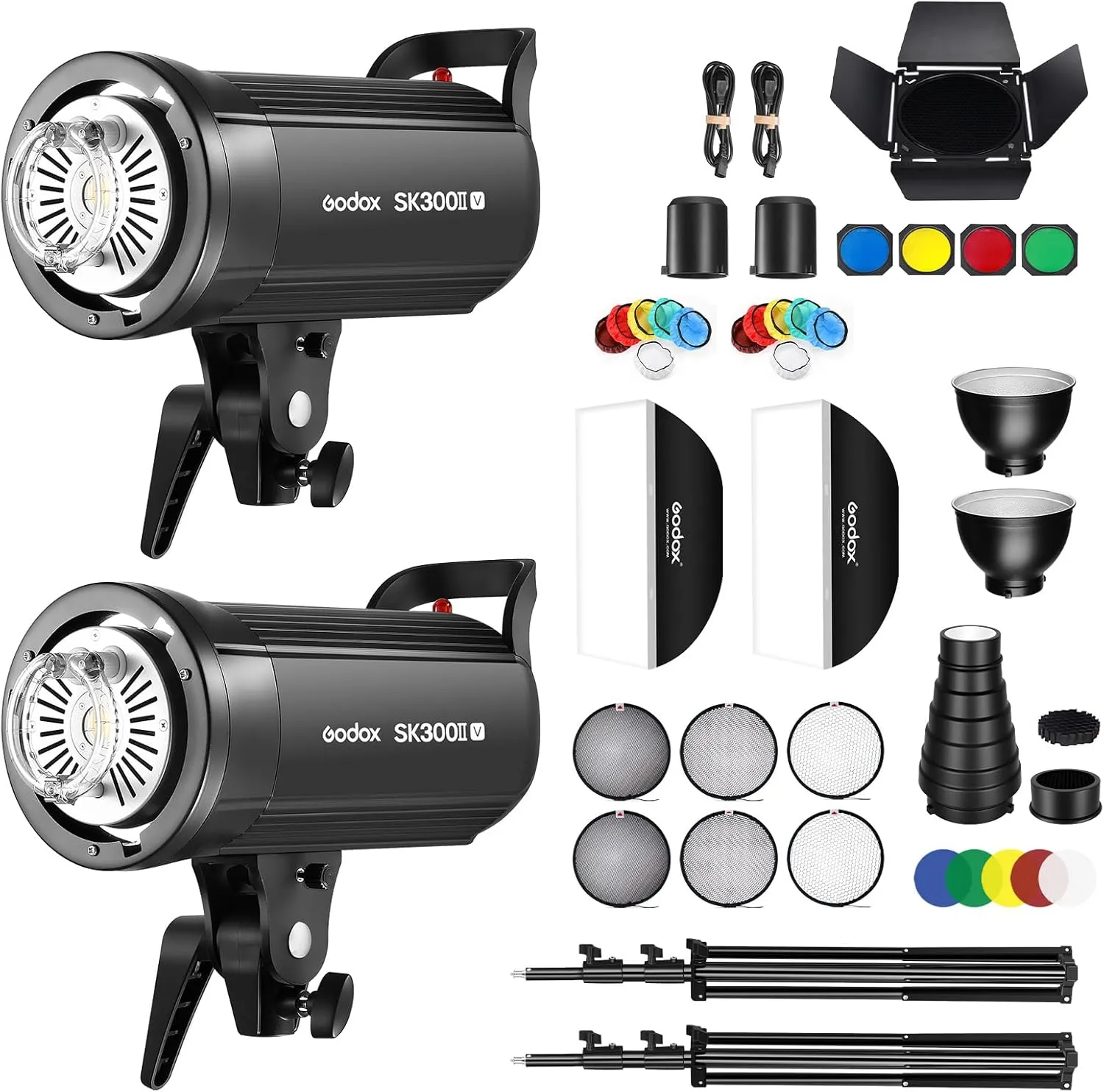 Godox Sk300ii-v Sk300iiv*2Kit Upgraded(2025) Strobe Flash 600Ws GN58 5700K Bowens Mount Professional Photography Twin Light Kit with Built-in Godox 2.4G Wireless X System and 10W Modeling Lamp(2Pack)