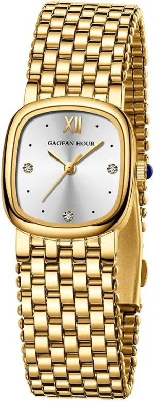 Gold Watches for Women Vintage Rectangle Small Ladies Watch with Stainless Steel Band,Water Resistant.Includes Strap Adjustment Tool