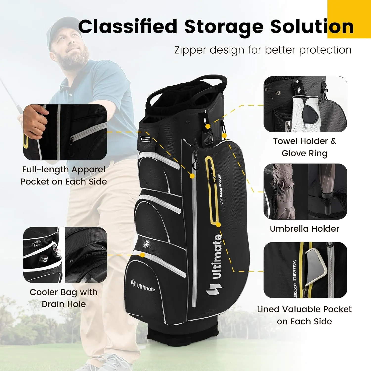 Goplus Golf Cart Bag with 15-Way Top Dividers, Golf Club Bag with 7 Zippered Pockets, Cooler Bag, Rain Hood, Umbrella Holder, Shoulder Strap, Lightweight Golf Bag for Men Women
