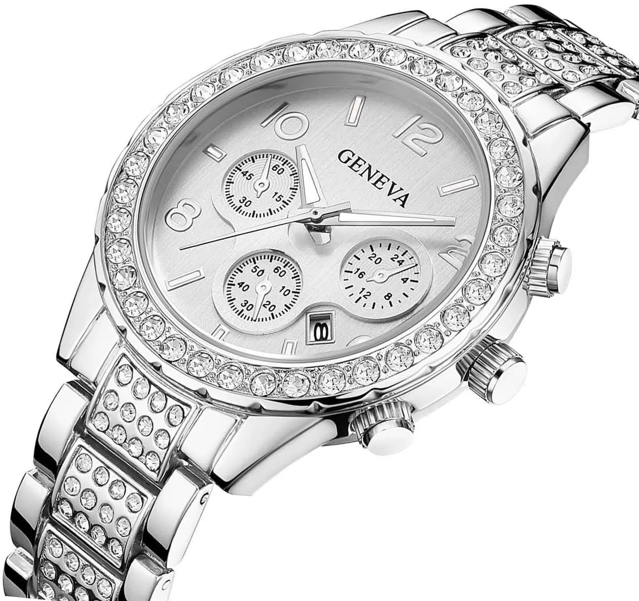 Gosasa Luxury Unisex Crystal Diamond Watches Quartz Digital Calendar Rose Gold Silver Stainless Steel Watch