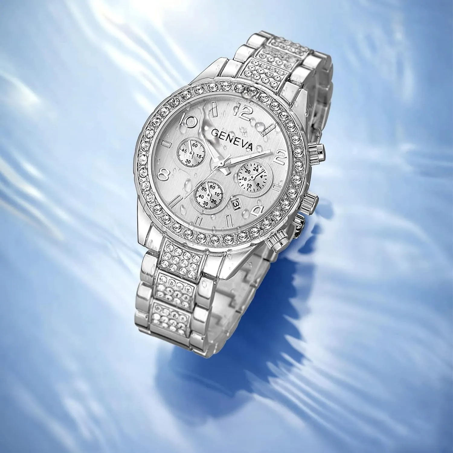 Gosasa Luxury Unisex Crystal Diamond Watches Quartz Digital Calendar Rose Gold Silver Stainless Steel Watch