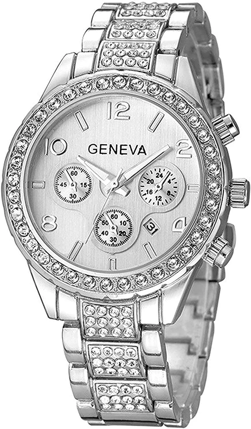 Gosasa Luxury Unisex Crystal Diamond Watches Quartz Digital Calendar Rose Gold Silver Stainless Steel Watch