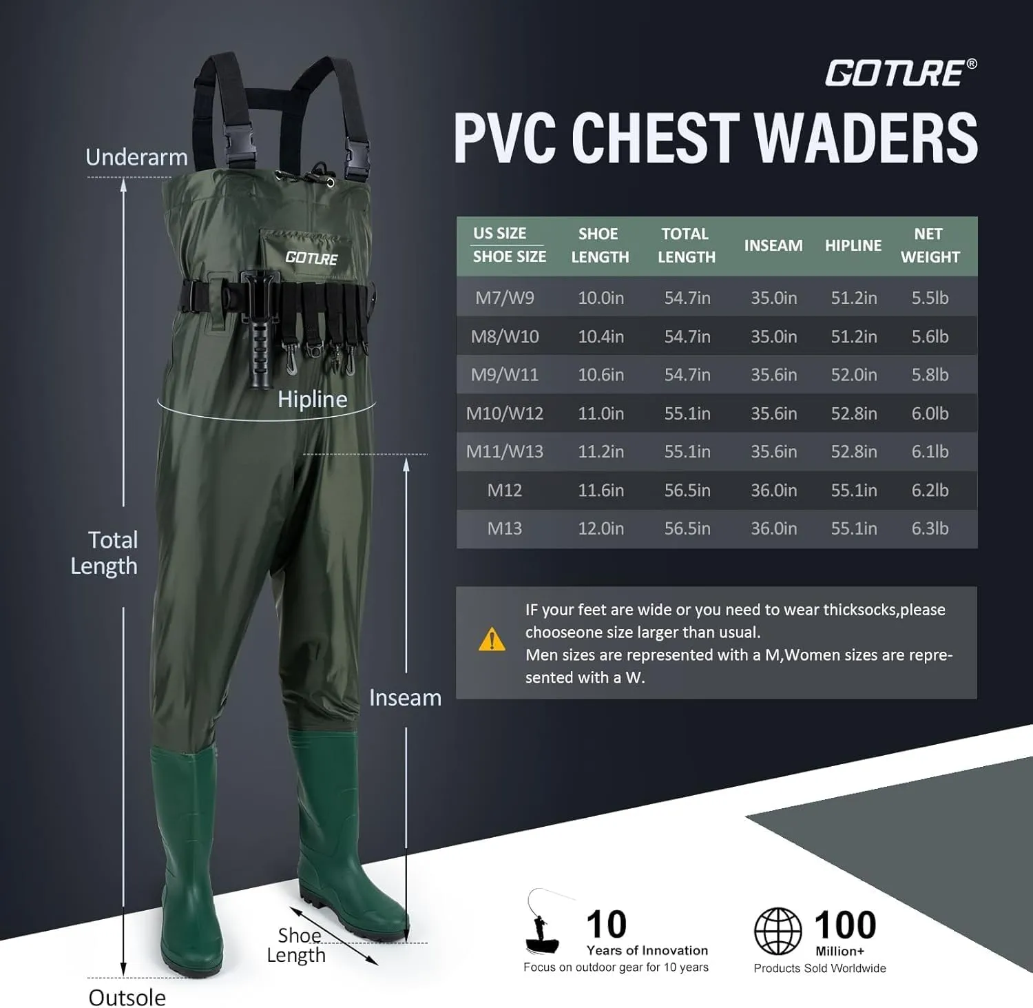 Goture Breathable Fishing Wader, 2-Ply Nylon/PVC Hunting Waders with Boot Hanger, Waterproof Chest Waders for Men Women M08/W10