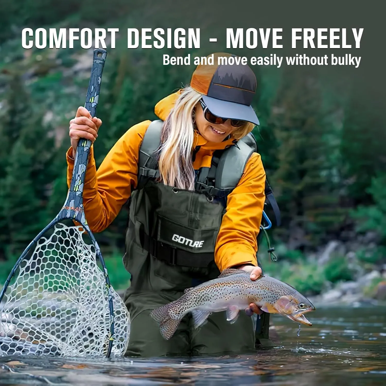 Goture Breathable Fishing Wader, 2-Ply Nylon/PVC Hunting Waders with Boot Hanger, Waterproof Chest Waders for Men Women M08/W10