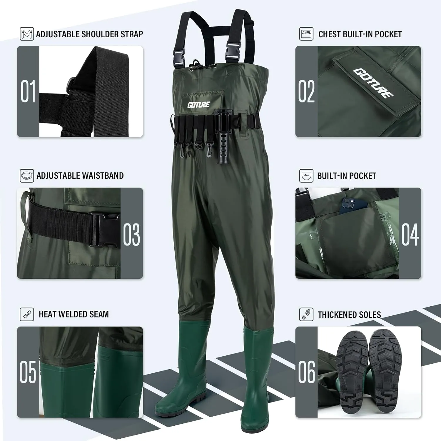 Goture Breathable Fishing Wader, 2-Ply Nylon/PVC Hunting Waders with Boot Hanger, Waterproof Chest Waders for Men Women M08/W10