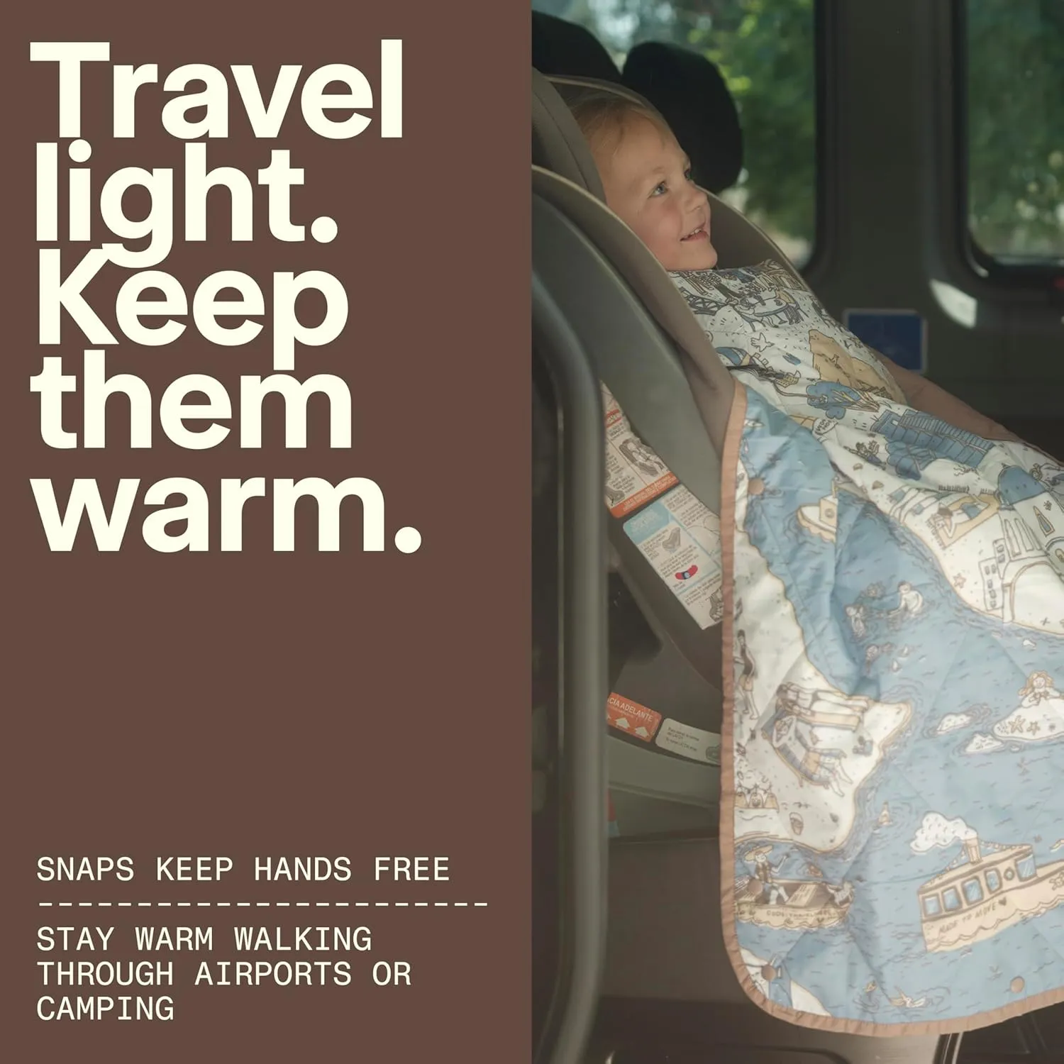 Gravel UltraPak Kids Travel Blanket - Outdoor Puffy Camping Blanket - Nylon 20D Fabric, Lightweight, Packable, Hands-Free Snap, Easy Clean, Ideal Waterproof Outdoor Blanket for Camping & More - Map