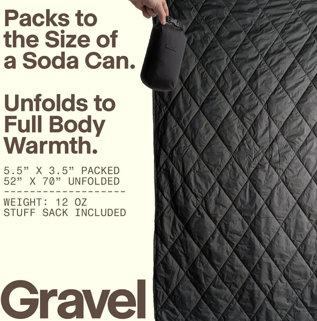 Gravel UltraPak™Packable Outdoor Puffy Camping Blanket - Nylon 20D Fabric, Lightweight, Hands-Free Snap, Easy Clean, Ideal Waterproof Outdoor Blanket for Camping & Hiking - Black