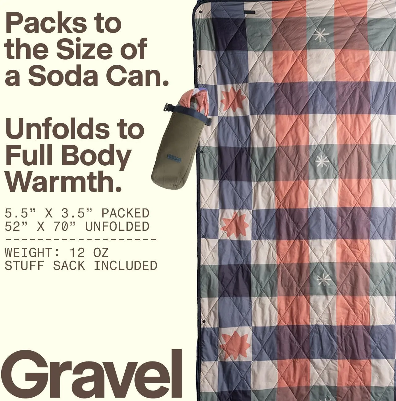 Gravel UltraPak™Packable Outdoor Puffy Camping Blanket - Nylon 20D Fabric, Lightweight, Hands-Free Snap, Easy Clean, Ideal Waterproof Outdoor Blanket for Camping & Hiking - Plaid