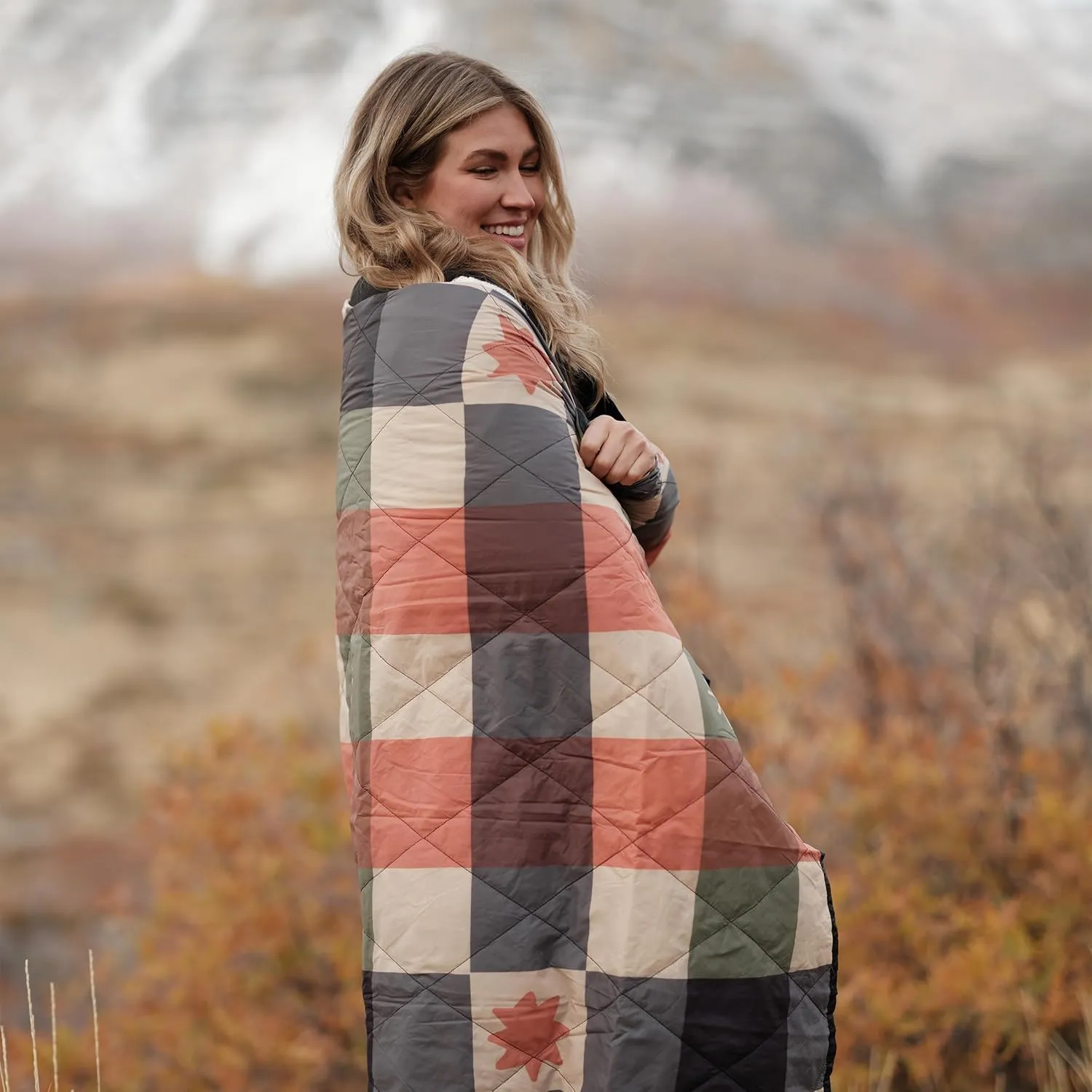 Gravel UltraPak™Packable Outdoor Puffy Camping Blanket - Nylon 20D Fabric, Lightweight, Hands-Free Snap, Easy Clean, Ideal Waterproof Outdoor Blanket for Camping & Hiking - Plaid